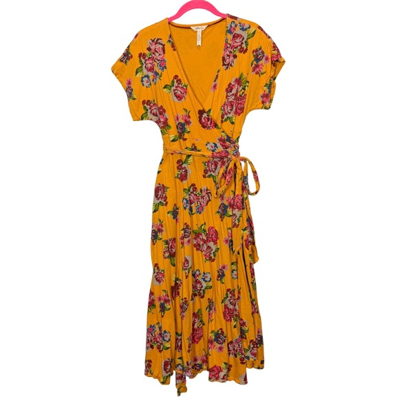 Matilda Jane Yellow Floral Wrap Midi Dress Short Sleeve Tie Waist Pockets S - Picture 2 of 8